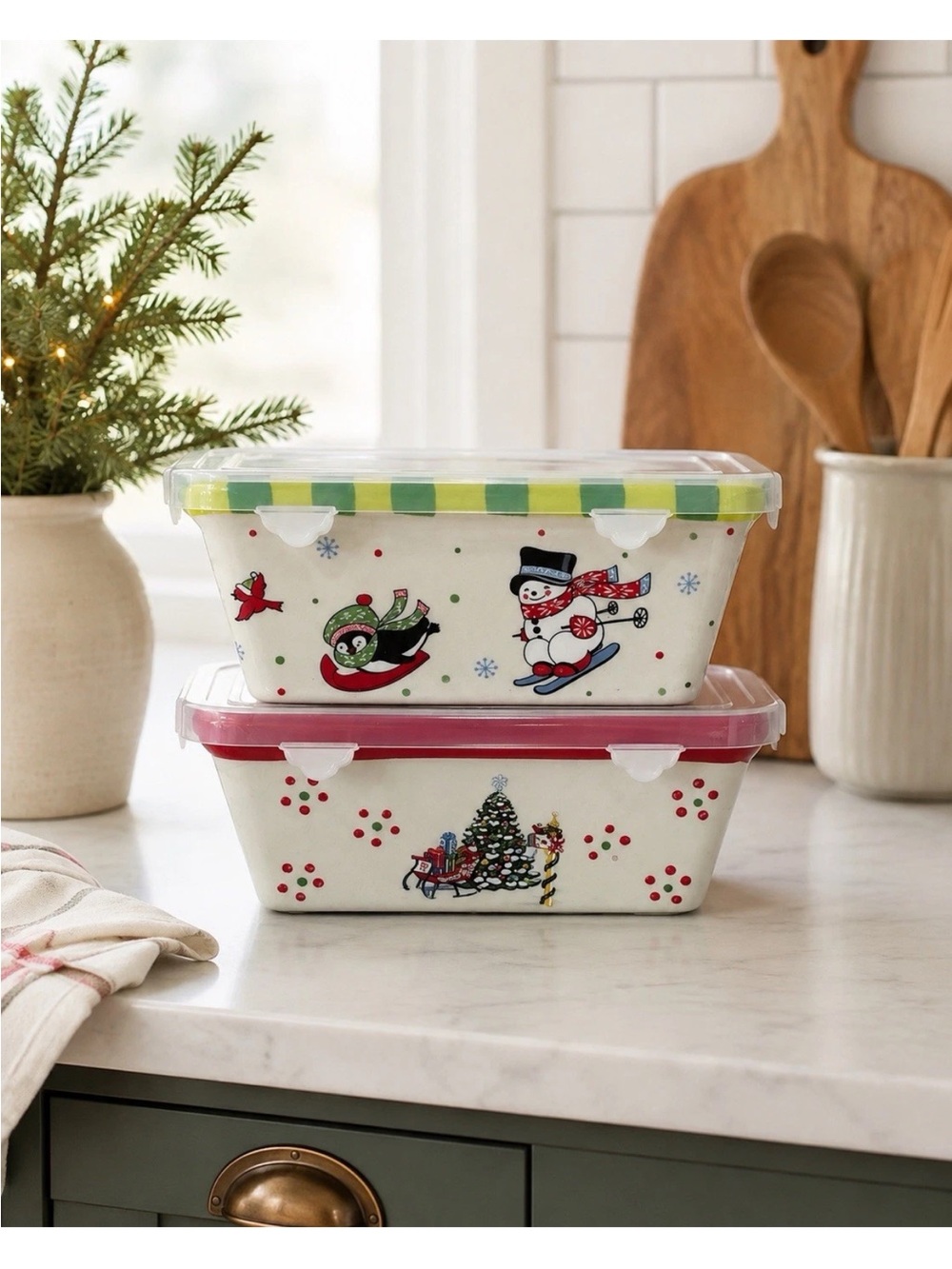 Temptations By Tara  2 Christmas Holiday Mini Loaf Pan Ovenware w/ Plastic Lids